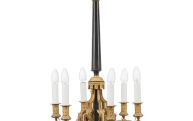 A French gilt and patinated bronze six light chandelier fitted for eletricity. Late 19th century. H. 80 cm. Diam. 45 cm.