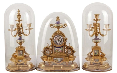 AMENDED DESCRIPTION: A FRENCH GILT METAL AND SEVRES STYLE PORCELAIN MOUNTED CLOCK, LATE 19TH CENTURY