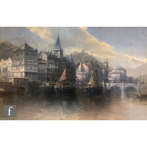 A. GROSS (LATE 19TH CENTURY) - Barges moored at a quayside i...