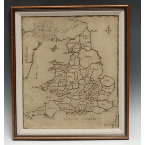 A George III needlework map sampler, England, the counties m...