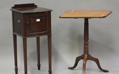 A George V mahogany bedside cabinet, carved with bellflowers, on square tapering legs and spade feet