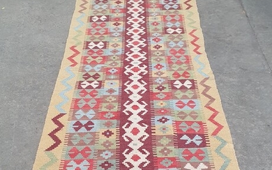 A HAND KNOTTED PURE WOOL PERSIAN KILIM RUNNER