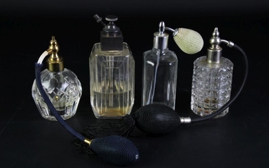 A Hardy Bros Sterling Silver Lidded Perfume Bottle Together with 3 Atomisers