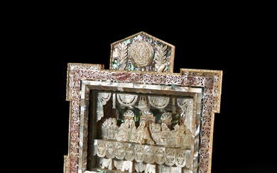 A JERUSALEM MOTHER OF PEARL, ABALONE AND OLIVEWOOD DIORAMA DEPICTING THE LAST SUPPER, 20TH CENTURY