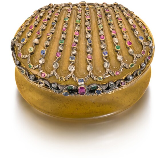 A JEWELLED HARDSTONE BOX WITH GOLD, SILVER AND GILT-METAL MOUNTS, PROBABLY GERMAN, CIRCA 1840 AND LATER