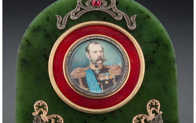 A Jade, 14K Vari-Color Gold, Guilloché Enamel, Diamond, and Cabochon-Mounted Frame in the Manner of Fabergé (late 20th century)