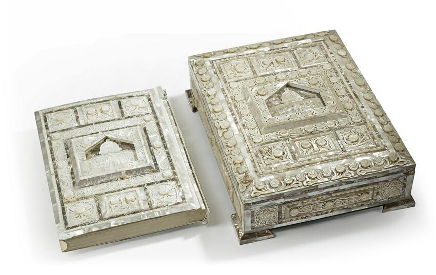 A LARGE MOTHER-OF-PEARL QURAN AND BOX, JERUSALEM, 20TH
