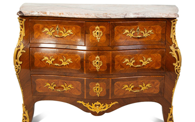 A Louis XV Style Kingwood Parquetry Marble Top Bombe Commode