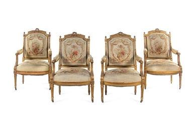A Louis XVI Style Carved Giltwood Five-Piece Parlor