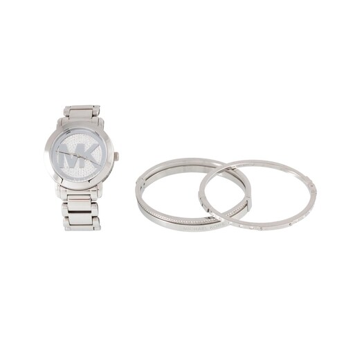 A MICHAEL KORS WATCH, together with two bangles, in pouch