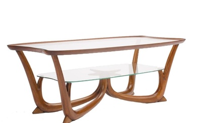 A MIDCENTURY MODERN ITALIAN MAHOGANY COFFEE TABLE WITH GLASS TOP...