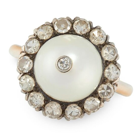 A NATURAL SALTWATER PEARL AND DIAMOND CLUSTER RING RING