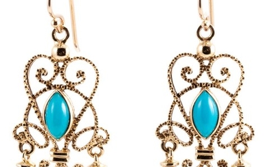 A PAIR OF CANNETILLE STYLE TURQUOISE AND PEARL EARRINGS; 9ct gold wire work drops set with cabochon turquoise and pearls on shepherd...
