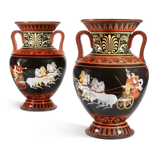 A PAIR OF CONTINENTAL PORCELAIN ETRUSCAN-STYLE AMPHORA VASES, 19TH CENTURY