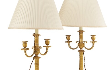 A PAIR OF EMPIRE ORMOLU THREE-LIGHT CANDELABRA MOUNTED AS LAMPS