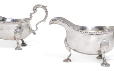 A PAIR OF GEORGE II SILVER SAUCEBOATS, MAKER'S MARK W.(?), LONDON, 1755