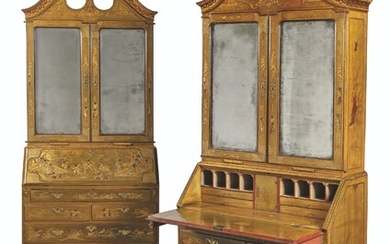 A PAIR OF GEORGE II WHITE, SCARLET AND GILT-JAPANNED BUREAU-CABINETS