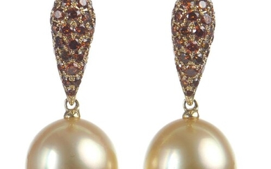 A PAIR OF SOUTH SEA PEARL AND COLOURED DIAMOND EARRINGS