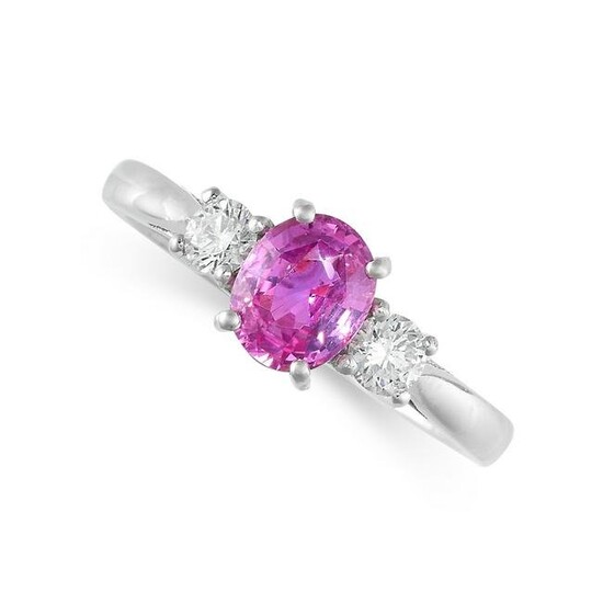A PINK SAPPHIRE AND DIAMOND THREE STONE RING Oval-cut