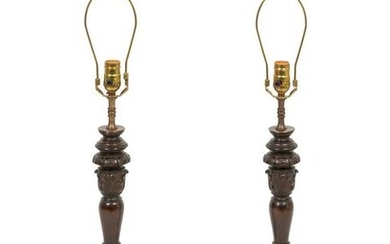 A Pair of Carved Wood Candlesticks Mounted as Lamps