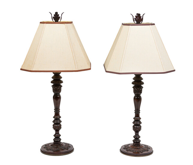 A Pair of Carved Wood Candlesticks Mounted as Lamps