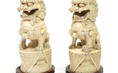 A Pair of Chinese Carved Ivory Dogs of Fo, 19th...