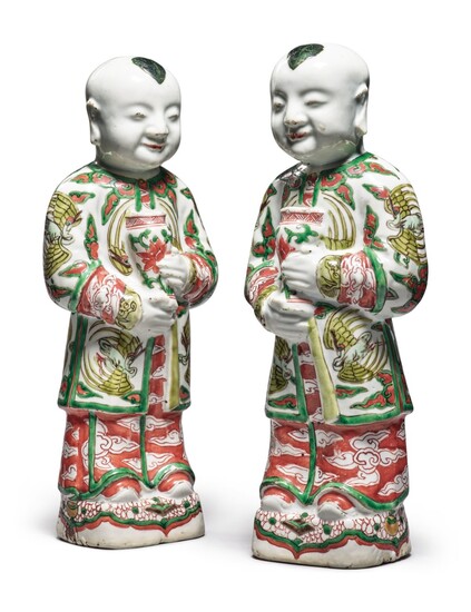 A Pair of Chinese Famille-verte Figures of Boys, Qing Dynasty, 18th / 19th Century | 清十八 / 十九世紀 五彩童子擺件一對