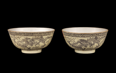 A Pair of Chinese Grisaille Enameled Porcelain Bowls
