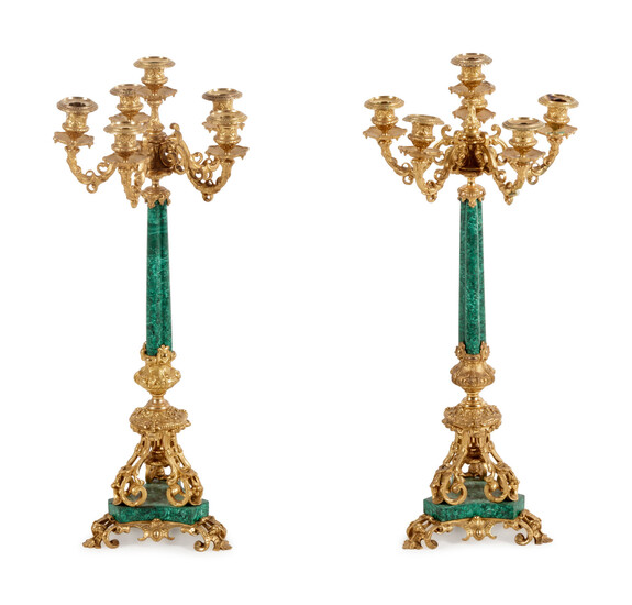 A Pair of French Gilt Bronze and Malachite Six-Light Candelabra
