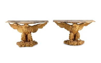 A Pair of George II Giltwood Marble-Top Eagle Pier Tables