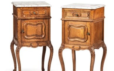 A Pair of Louis XV Provincial Style Carved Oak Marble Top Side Cabinets