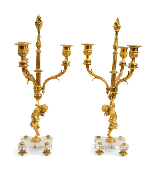 A Pair of Louis XVI Style Gilt Bronze and Cut Glass Mounted Candelabra