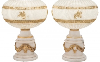 A Pair of Partial Gilt Carved Alabaster Table La