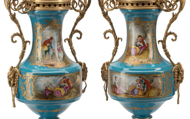 A Pair of Sevre Porcelain Gilt Bronze Mounted Urns (19th century)