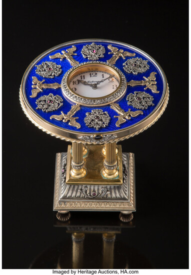 A Partial Gilt Silver, Guilloché Enamel, and Precious Stone Clock in the Manner of Fabergé (late 20th century)