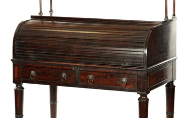 A REGENCY FIGURED MAHOGANY AND EBONY STRUNG TAMBOUR FRONT...