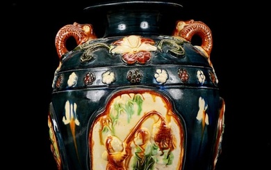 A Rare Tang Tri-Color Glazed Pottery Character and Story Pattern Double-Ears Jar