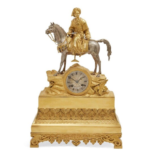 A Restauration ormolu and silvered mantle clock, c.1815-30, modelled in...