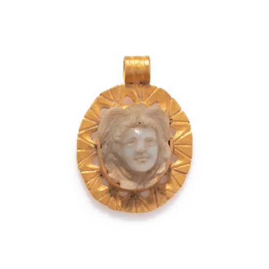 A Roman Agate Cameo and Gold Pendant with the Head of Medusa
