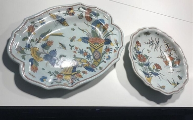 A Rouen faience dish and plate, polychrome decoration...
