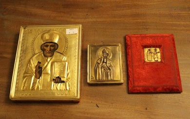 A Russian orthodox church icon of St. Nicholas overlaid with...