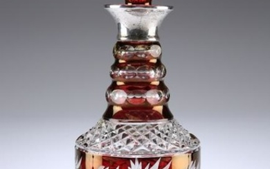 A SILVER-COLLARED RUBY FLASH GLASS DECANTER AND