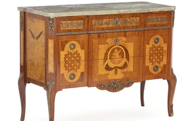 A Swedish Gustavian style fruitwood marquetry commode with 'kolmården' stone top. Second...