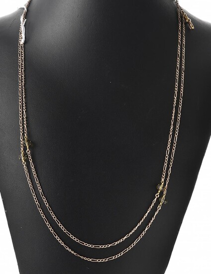 A VICTORIAN FANCY LINK GUARD CHAIN SET WITH SMOKEY QUARTZ BEADS, TO A SWIVEL CLASP IN 15CT GOLD, 9.7GMS