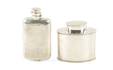 A VICTORIAN SILVER HIPFLASK AND AN EDWARDIAN SILVER TEA...