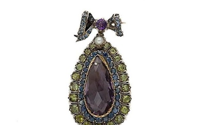 A Victorian amethyst, sapphire, peridot and pearl pendant/brooch, central pear shaped amethyst