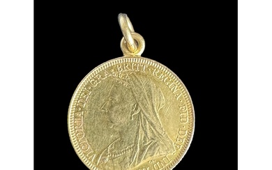 A Victorian full gold sovereign, 1893 as a pendant (hard so...