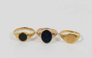 A bloodstone set signet ring, intaglio carved with the head ...