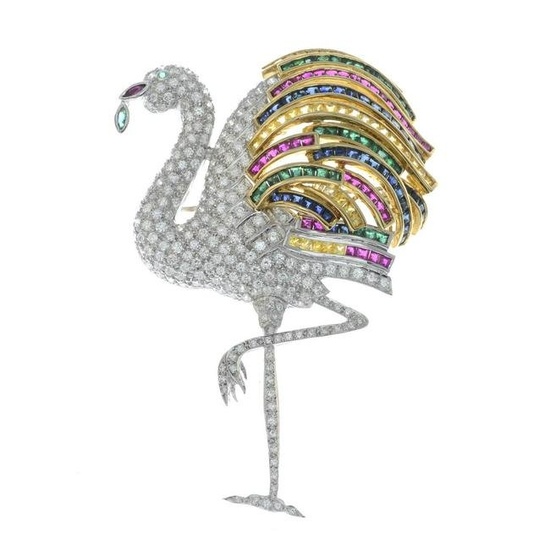 A brilliant-cut diamond and gem-set flamingo