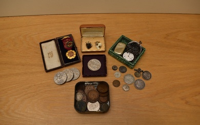 A collection of GB & World Coins including a small amount of Silver along with Buffalo Medal, pair